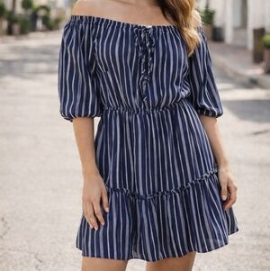 BB Dakota Navy Blue White Stripe Off Shoulder Dress Women’s Small Boho Casual
